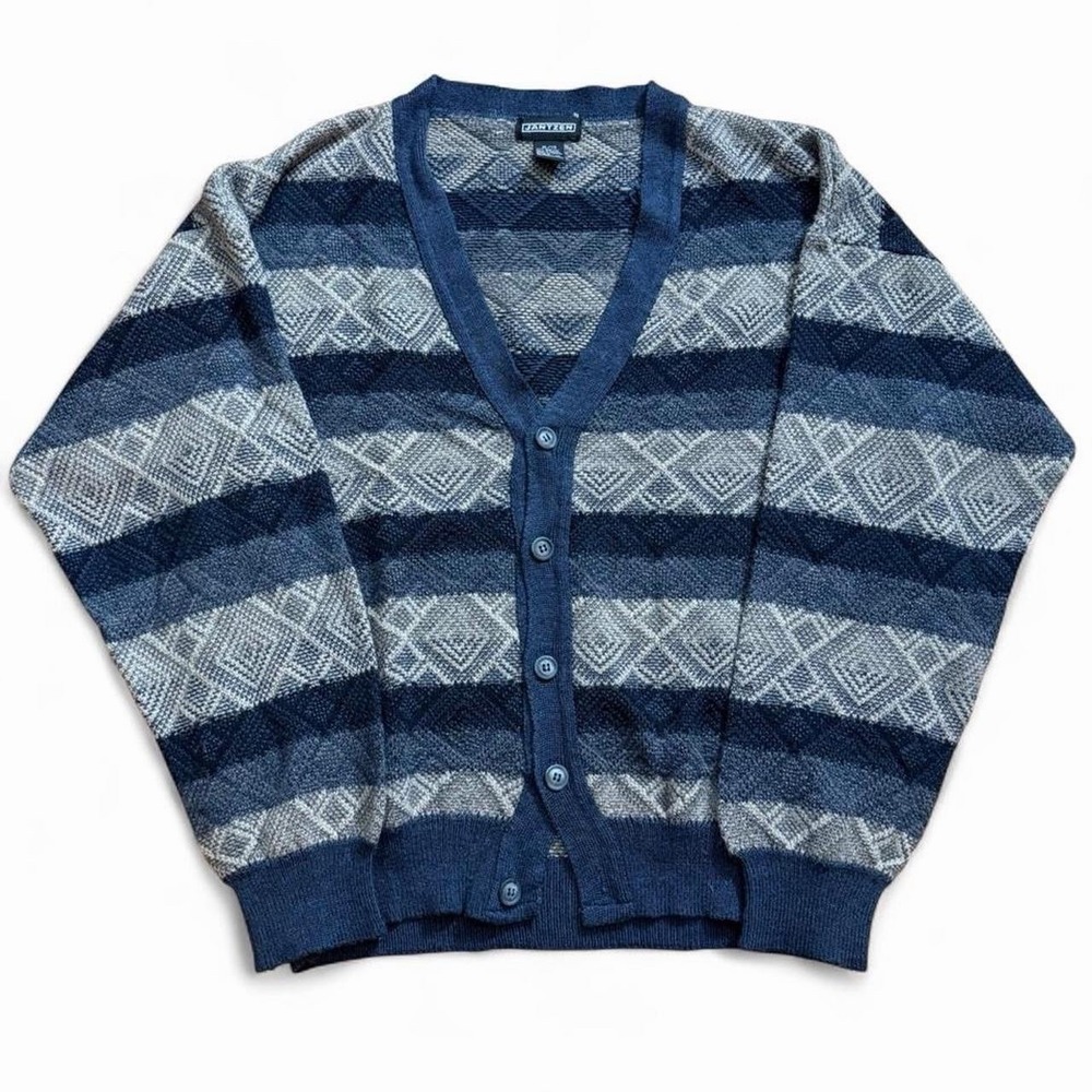 Vintage Janzteen Striped Cardigan Sweater Size XL LL Grandpa Cozy Spring Grunge